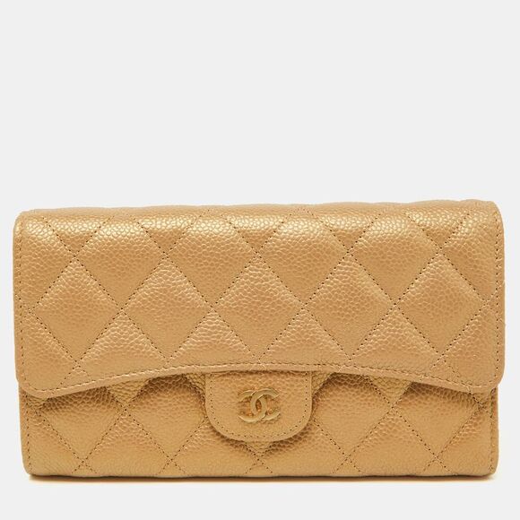 Chanel Other - Chanel Gold Quilted Caviar Leather Trifold Wallet